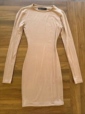 naked wardrobe Long Sleeve Bodycon Dress in Beige